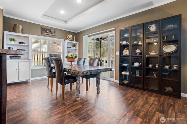 dining area with crown molding, dark hardwood / wood-style flooring, and a raised ceiling