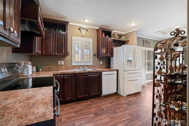 kitchen featuring ornamental molding, dark hardwood / wood-style flooring, sink, and white appliances