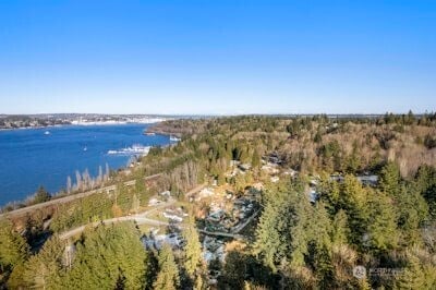 bird's eye view with a water view