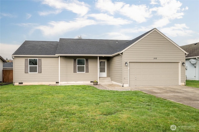 ranch-style home featuring a front yard, roof with shingles, entry steps, concrete driveway, and a garage