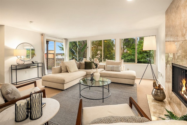 living room with a premium fireplace and carpet