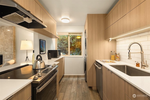 kitchen with appliances with stainless steel finishes, light brown cabinetry, sink, decorative backsplash, and dark wood-type flooring