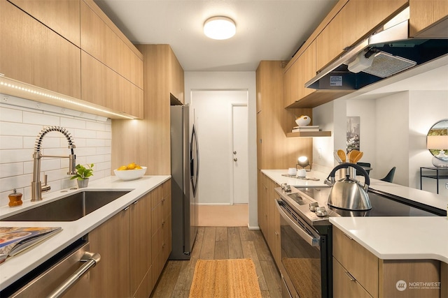 kitchen with sink, appliances with stainless steel finishes, tasteful backsplash, light hardwood / wood-style floors, and exhaust hood