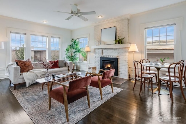 living room featuring a brick fireplace, a ceiling fan, dark wood finished floors, and crown molding