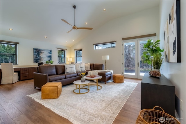 living area featuring a healthy amount of sunlight, high vaulted ceiling, and wood finished floors