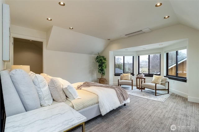 bedroom with carpet floors, baseboards, vaulted ceiling, and recessed lighting