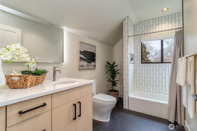 bathroom with toilet, vanity, vaulted ceiling, shower / bath combination with curtain, and finished concrete floors