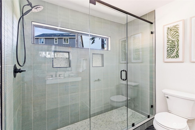 bathroom featuring a shower with shower door, a wealth of natural light, and toilet