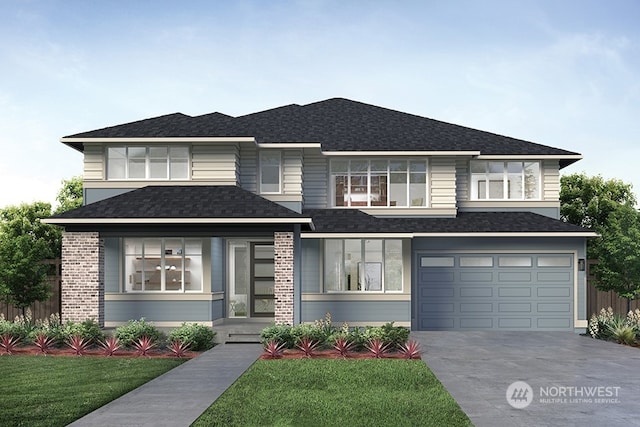 prairie-style house featuring a garage and a front yard