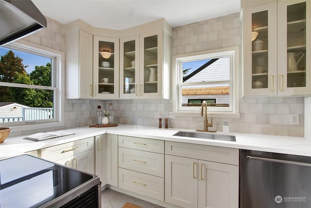 kitchen with sink, stainless steel dishwasher, electric range oven, and backsplash