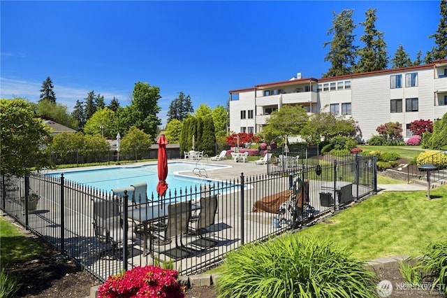 view of swimming pool with a lawn