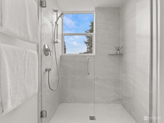 bathroom featuring a shower with shower door