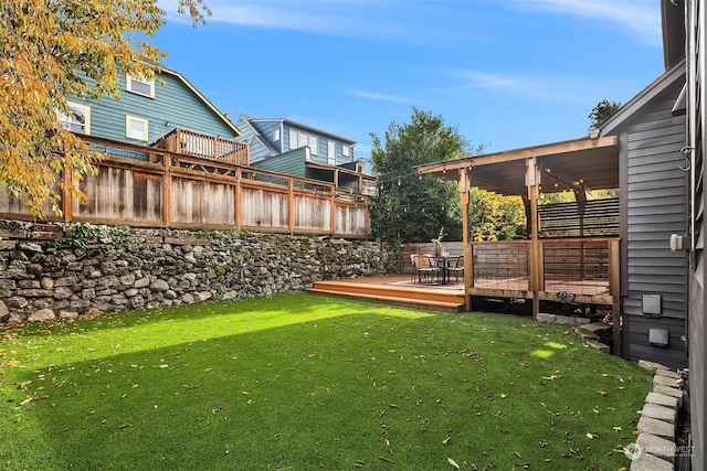 view of yard featuring fence and a deck