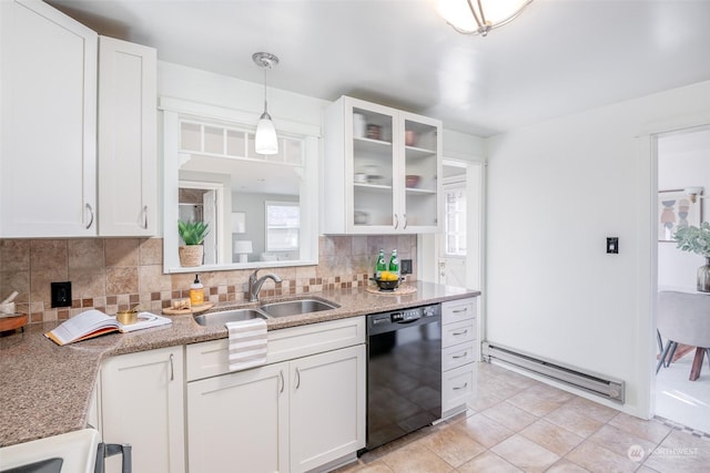 kitchen featuring sink, hanging light fixtures, black dishwasher, white cabinets, and a baseboard heating unit