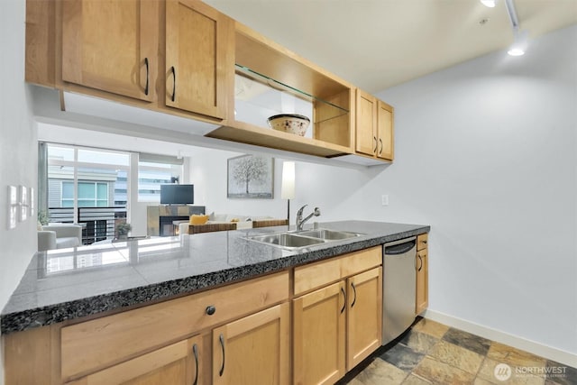 300 110th Ave NE # 611, Bellevue, WA 98004 - kitchen with a sink, stone finish flooring, dark countertops, baseboards, and dishwasher