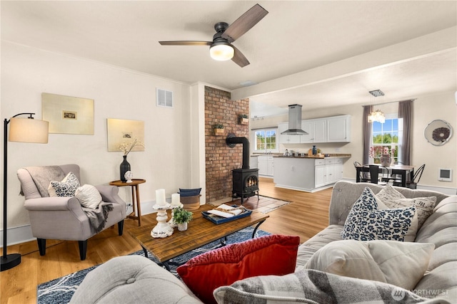 living room featuring a wood stove, plenty of natural light, visible vents, and light wood-type flooring