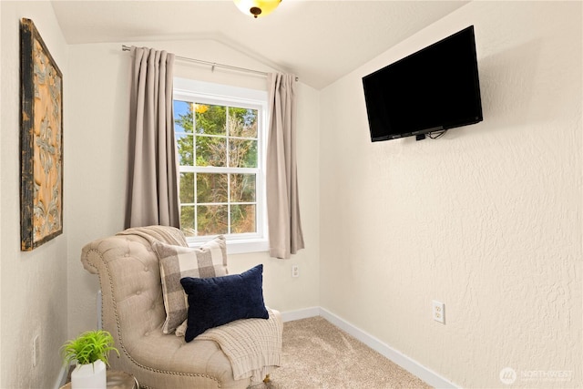 living area with baseboards, lofted ceiling, and carpet