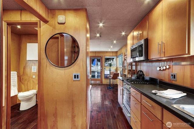 kitchen with appliances with stainless steel finishes, dark hardwood / wood-style flooring, and sink