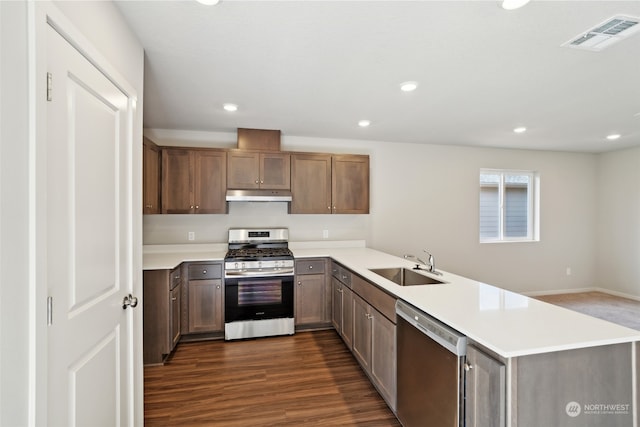 kitchen with appliances with stainless steel finishes, sink, dark hardwood / wood-style flooring, and kitchen peninsula