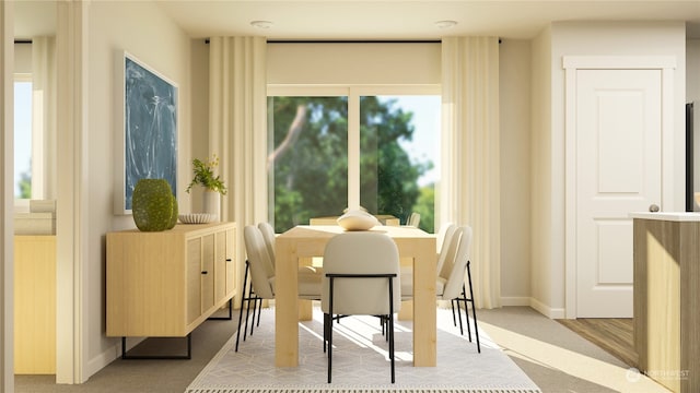 dining room featuring light carpet