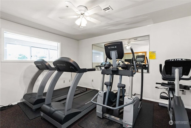 workout room with ceiling fan