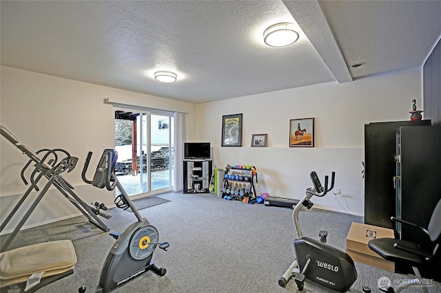 exercise area with carpet floors and a textured ceiling