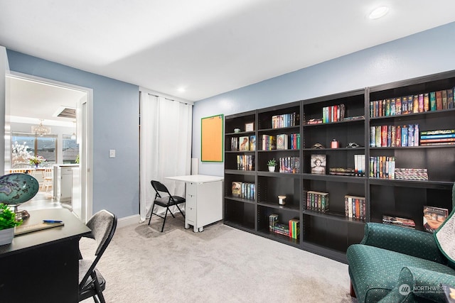 home office with light colored carpet