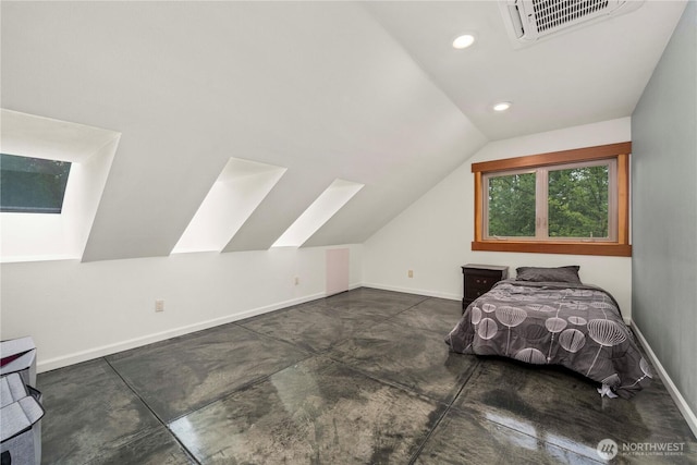 bedroom featuring baseboards, visible vents, lofted ceiling, concrete flooring, and recessed lighting