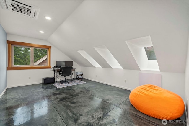 office space featuring lofted ceiling, recessed lighting, visible vents, baseboards, and finished concrete flooring