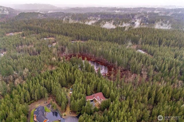 drone / aerial view with a wooded view