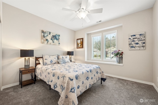 bedroom featuring dark carpet and ceiling fan