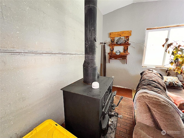 interior details featuring a wood stove