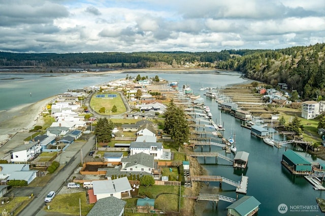 aerial view featuring a water view