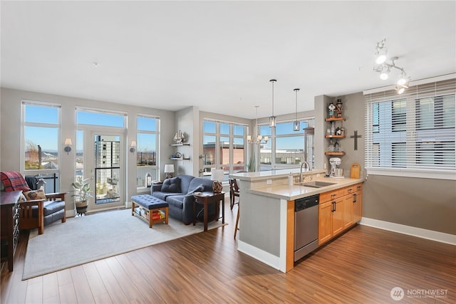 kitchen featuring kitchen peninsula, sink, stainless steel dishwasher, hardwood / wood-style floors, and pendant lighting