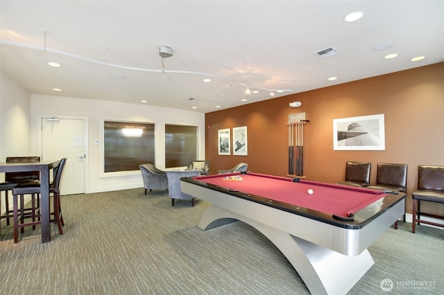 playroom with carpet floors and pool table