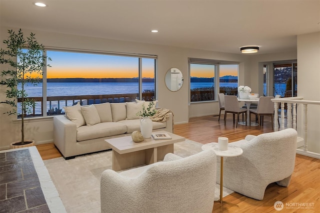 living room featuring a water view and light hardwood / wood-style floors