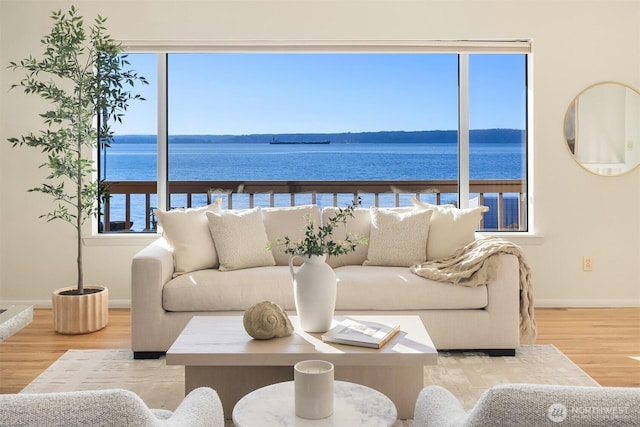 living room with a water view and wood-type flooring