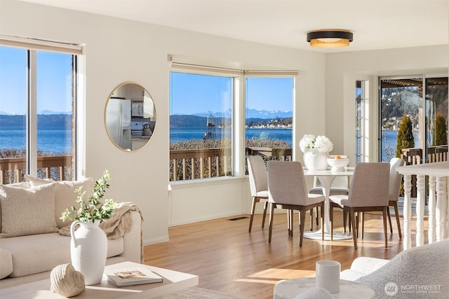 dining area with light hardwood / wood-style flooring and a water view