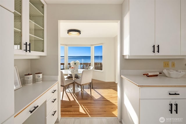 dining area featuring a water view and light hardwood / wood-style flooring