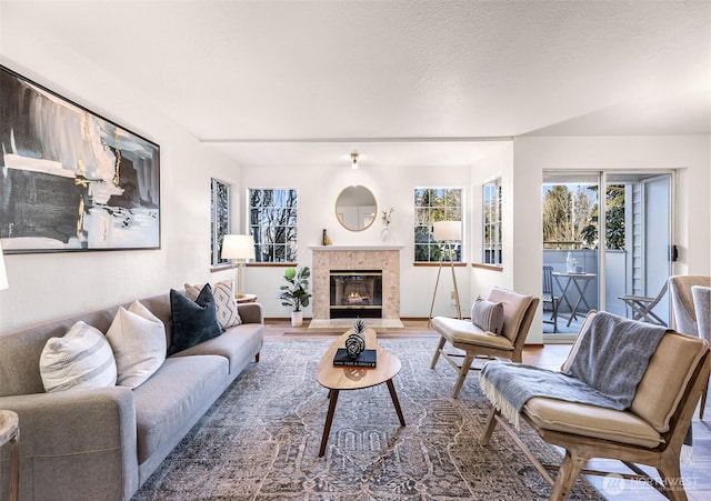 living room with a fireplace, wood-type flooring, and a textured ceiling