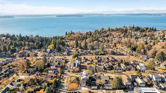 drone / aerial view featuring a water and mountain view