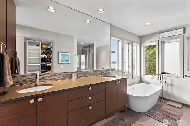 bathroom featuring double vanity, a freestanding tub, a walk in closet, and a sink