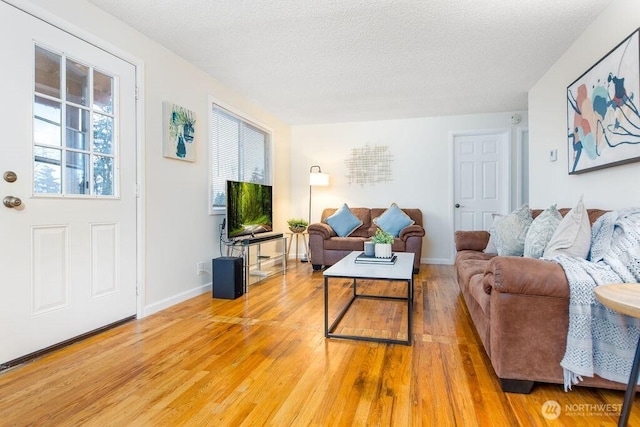 living room with baseboards, wood finished floors, and a healthy amount of sunlight