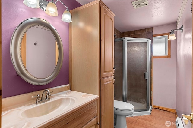 bathroom with toilet, wood finished floors, vanity, visible vents, and a shower stall