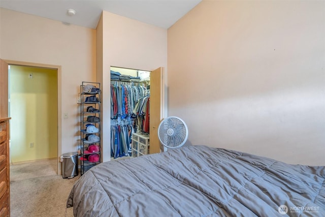 bedroom featuring light carpet and a closet