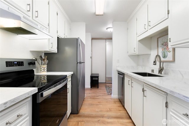 kitchen with white cabinetry, appliances with stainless steel finishes, sink, and light wood-type flooring