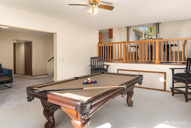 game room with carpet flooring, ceiling fan, and billiards