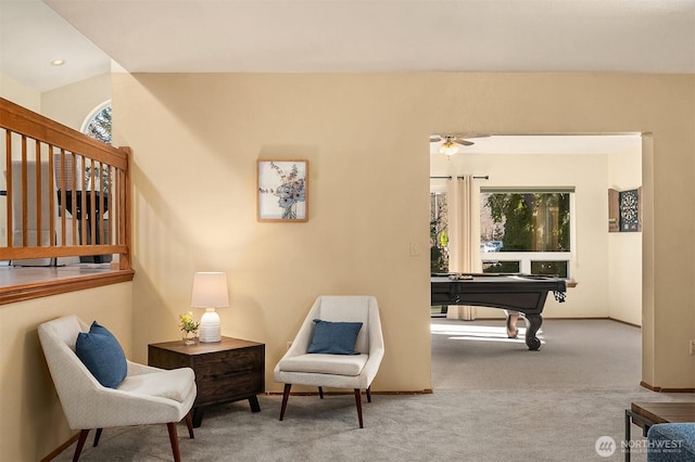 living area featuring billiards and light colored carpet