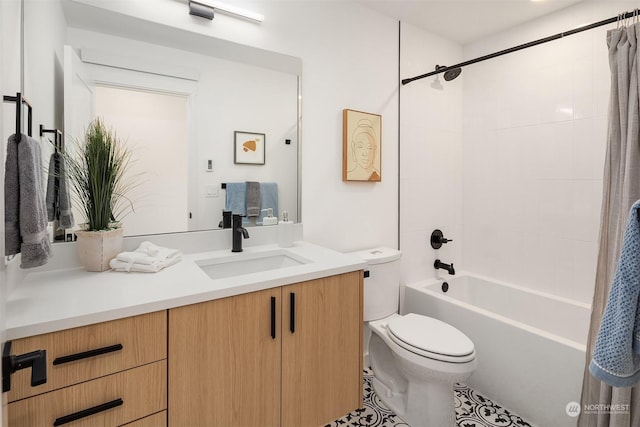 full bathroom featuring toilet, vanity, and shower / bathtub combination with curtain