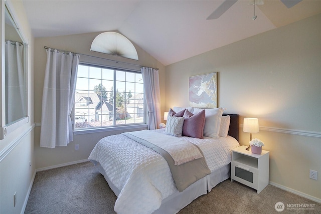 bedroom featuring ceiling fan, lofted ceiling, and carpet floors